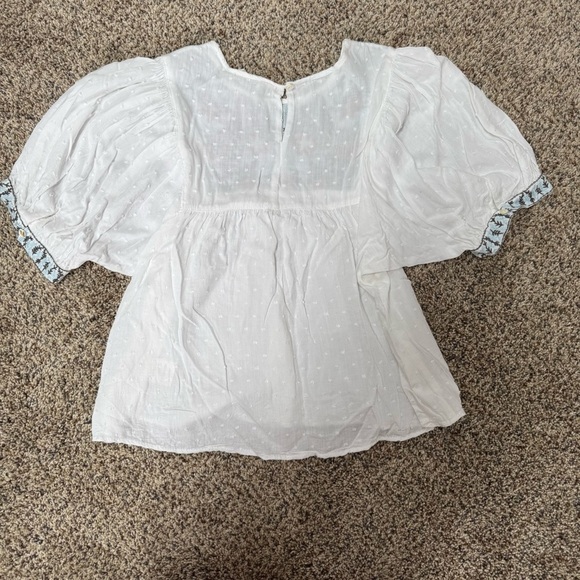 Solitaire White and Blue Puff Sleeve Embellished Blouse - Picture 3 of 3